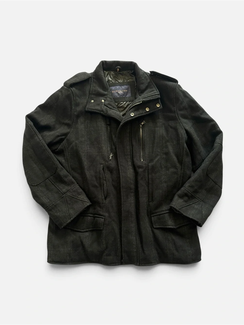 Elie Tahari Men Black Wool Car Coat Jacket Size Large Full Zip Military Epaulets